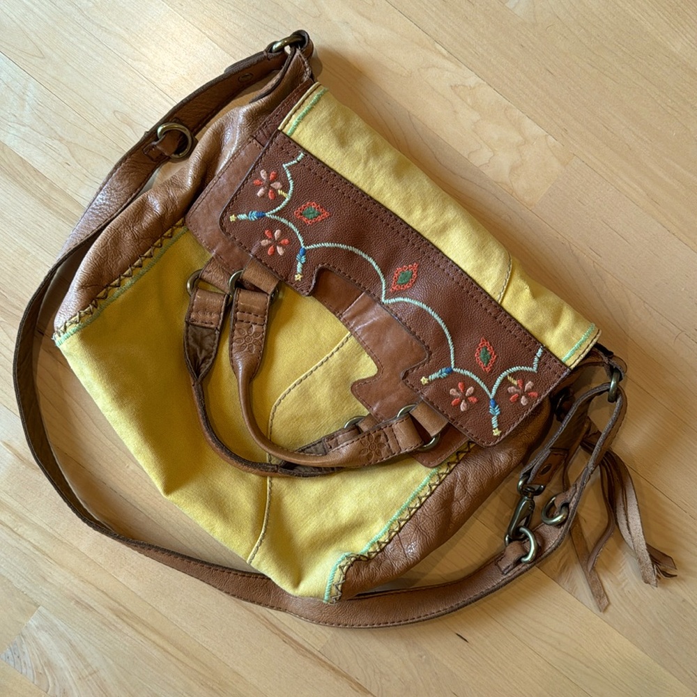 Lucky Brand Mustard Yellow Canvas and Embossed Leather Embroidered Satchel